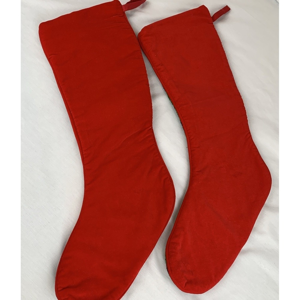 Vintage Needlepoint Christmas Stockings Set of 2 Santa Claus Holly Red Velvet - Picture 4 of 9